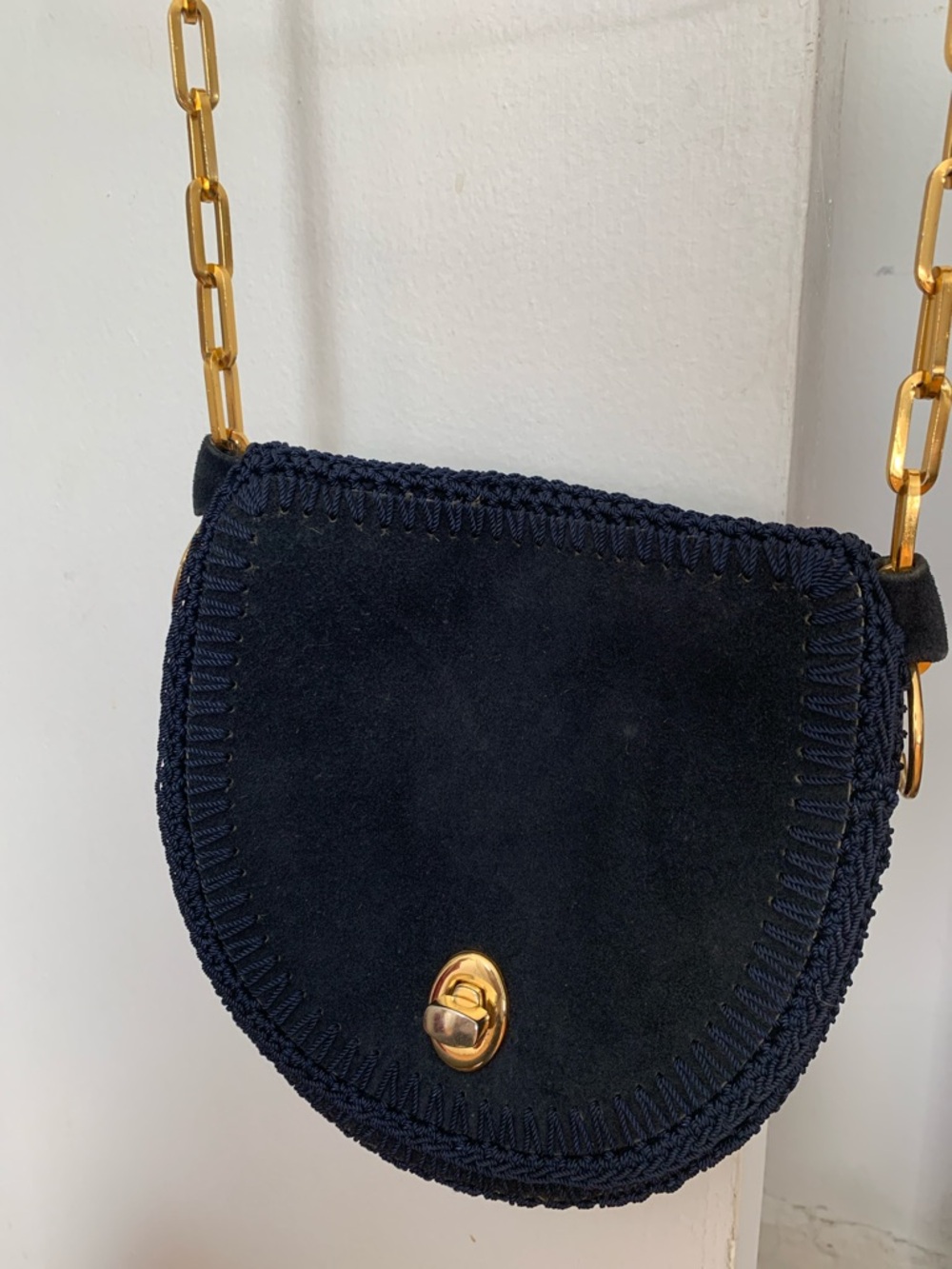 Vintage Italian Blue Suede Purse w/Gold Link Chain 8”x8”